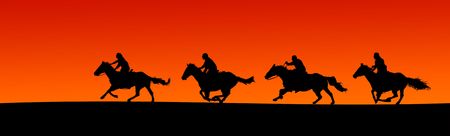 Panoramic silhouette of four horses and riders at sunset.の写真素材