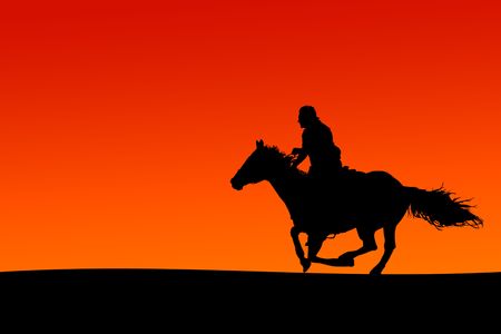 Silhouette of a horse and rider at sunset.の写真素材