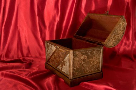 Treasure Chest on Red Satin Background, Emptyの写真素材