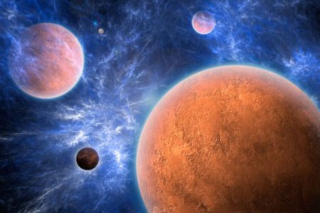 Textured red planets and a blue nebula.