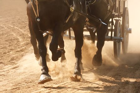 Horses pulling a wagon through a dusty field.の写真素材