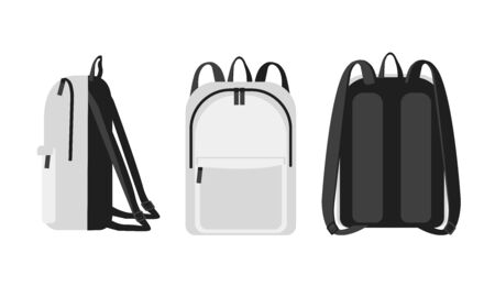 Trendy modern universal white backpack front, back and side veiw. Bag with Orthopedic back study concept mockup. Tourism, female, lifestyle and school backpack vector illustrationのイラスト素材