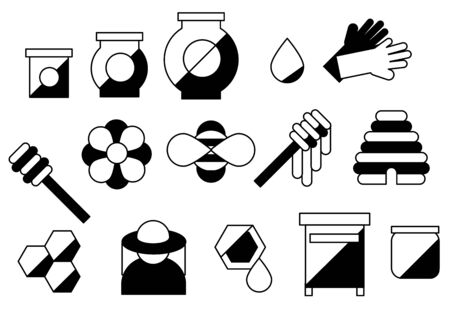 line honey and beekeeping set isolated icons. Simple beekeeping collection theme.  bee, honey pot, honeycombs. vector illustrationのイラスト素材