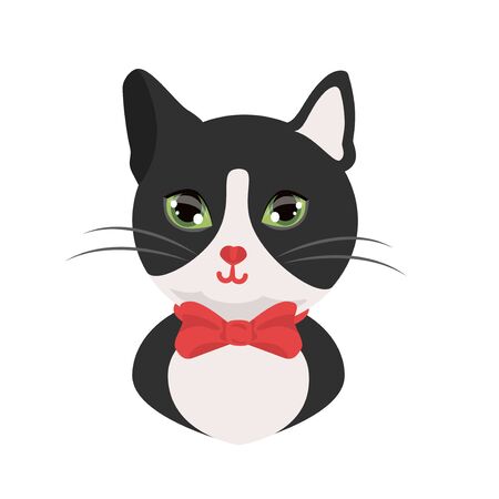 Cat tuxedo black and white cat gentleman with red bow. Kind cat head avatar , print. vector illustration isolated.のイラスト素材