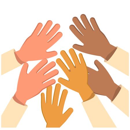 Raised up hands Concept. Charity, education, business train ,different race background silhouette. isolated vector illustrationのイラスト素材