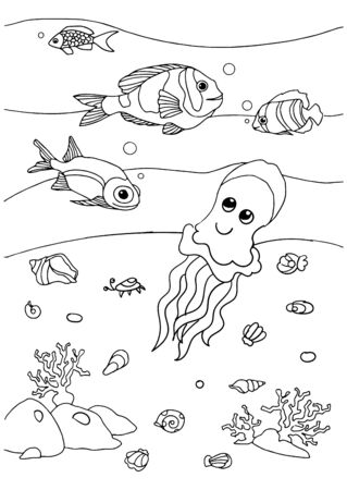 coloring book sea life. exotic fishes and jellyfish. Underwater world. outline vector Black and white illustration for colouring book page.のイラスト素材