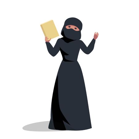 Muslim woman holds a book, shows a hand. religion of islam. hijab woman in national dress, burqa. vector illustrationのイラスト素材