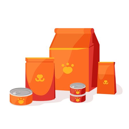 cat food. Food for pets and dogs. Bowl, Packaging, Advertising. bright pet Shop. Flat vector illustration.のイラスト素材