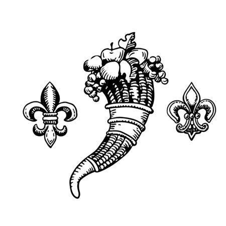 cornucopia-horn of plenty and floral Heraldic elements. gerb symbol of wealth, riches. vector illustration.のイラスト素材