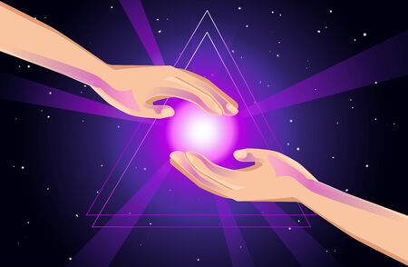 Mystic. the birth of the universe in the hands. The discovery of the subconscious, esotericism, the study of occultism, the knowledge of enlightenment. vector abstract illustrationのイラスト素材