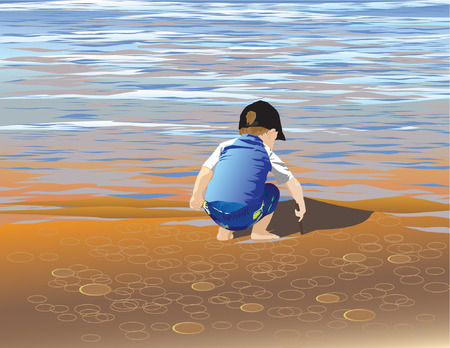 Boy playing in the sandy beach on a summer lake.のイラスト素材