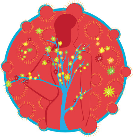 Woman surrounded by tree and floral.のイラスト素材