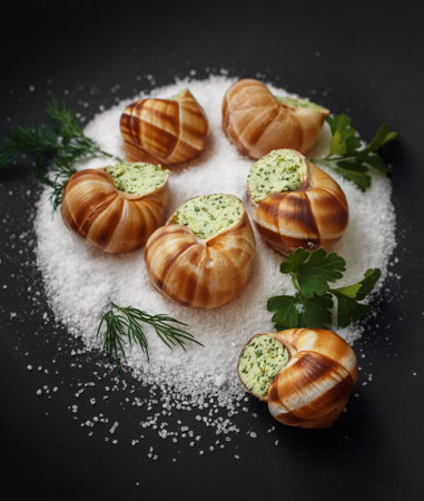 Tender snails bathed in fragrant butter and herbs, presented on a black backgroundの写真素材