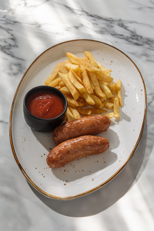 grilled sausages with French fries and ketchup on white plateの写真素材