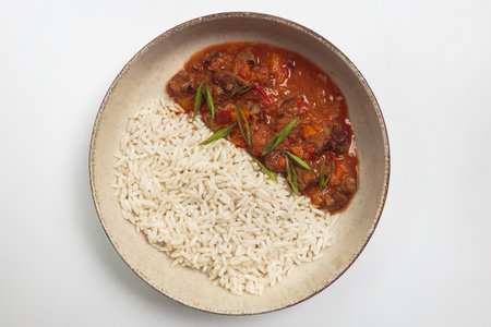 Hearty Meat Goulash Stew with Steamed Riceの写真素材