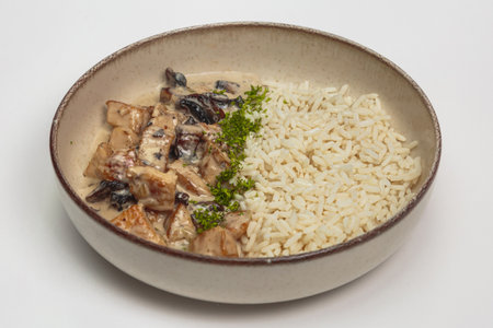 Chicken Fricassee with Mushrooms and Steamed Riceの写真素材