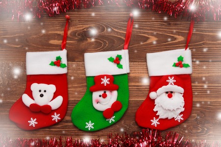 Christmas socks by the fireplace.の写真素材