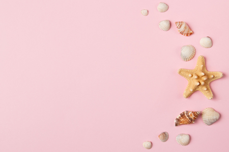 Seashells and starfish on a pale pink background. Summer time concept. Top view.の写真素材