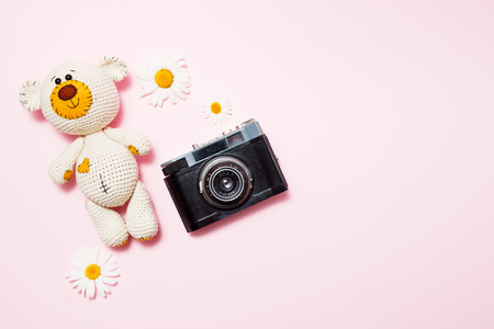 Toy teddy bear with daisies and vintage old camera isolated on a pink background. Baby background. Copy space, top view.の写真素材