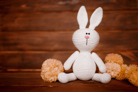 Handmade amigurumi rabbit on wooden background with flowers. Baby background. Copy space.