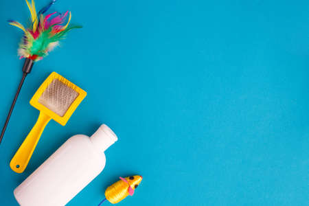 Set of accessories for the cat on blue background. Yellow bowl, mouse, toy and shampoo bottle . Caring concept. Feline background. Top view, flat layの写真素材