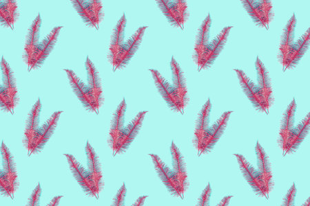 Seamless pattern feathers on a turquoise background. Creative packaging design in the concept of minimalism.の写真素材
