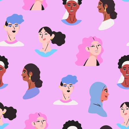 Seamless pattern with different girl faces. International womens day concept with diverse multiethnic multicultural female characters on a pink background. Women empowerment movement and sisterhood.のイラスト素材
