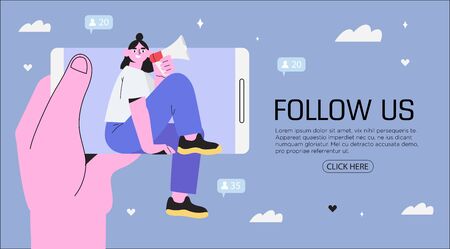 Trendy vector illustration for social media banner. Hand hold smartphone with a woman shouting in loud speaker. Influencer marketing, social media or network promotion, SMM , landing page, blog post.のイラスト素材