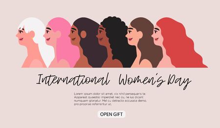 Vector illustration with diverse group of women of different nationalities, cultures and skin color who struggle together for equality, independence, rights against violence. International Womens Day.のイラスト素材