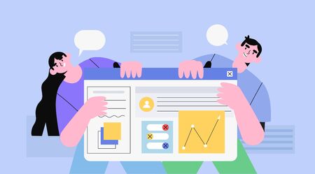 Male and female characters holding web or ui template with design project or website statistics. Design studio or agency prototyping or coding web page or mobile application. Cms development.のイラスト素材