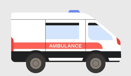 Vector illustration of ambulance emergency car in flat cartoon trendy style isolated on gray background. First aid, medical vehicle or ambulance riding to hospital concept with flasher light or siren.のイラスト素材