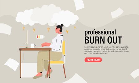 Emotional burnout concept with exhausted female worker or freelancer sitting at table in office or home. Frustrated angry depressed stressed worker, mental health problems banner, flyer, landing page.のイラスト素材