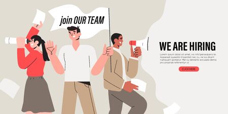 Vector illustration of people shouting in loud speaker and recruiting new employees, workers. We are hiring or job recruitment banner, poster, flyer or landing page concept for ui, web or mobile app.のイラスト素材