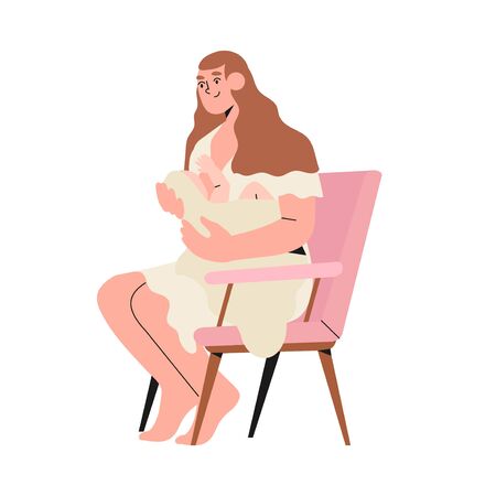 Mother feeding a newly born child or baby with breast. Mother and chidren health care. World Breastfeeding Week vector illustration for banner, article.のイラスト素材