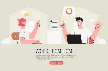 Two freelancer coworkers working at home office on a laptop and have conversation about project or settle business tasks . Video or online conference call with fellow distant workers or partner.のイラスト素材