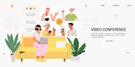 Video conference call landing page or banner. Woman talk with taking with colleague or team members on screen. Videoconferencing, online meeting workspace or platform and freelance vector concept.のイラスト素材