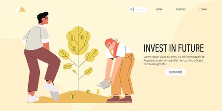 Business or future investment banner, web page, ui with people maintain money tree with golden coins. Income potential or profit planning app, money making strategy, partnership and teamwork concept.のイラスト素材