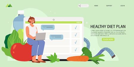 Woman sit with laptop and plan her diet in online diary. Concept of healthy eating, personal diet or nutrition plan from dieting expert or online nutrition course or marathon for social media banner.のイラスト素材