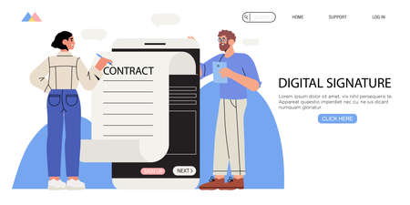 Business woman signing up smart or electronic contract with digital signature on smartphone. Data protection. Privacy policy service banner, flyer, landing page. Settle contract or make deal online.のイラスト素材