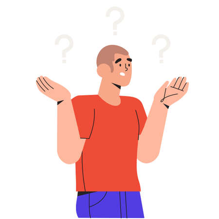 Thoughtful characters with question marks solving problems or searching solutions. Problem solving and choice. Smart man thinking or puzzled. Frequently asked questions concept.のイラスト素材