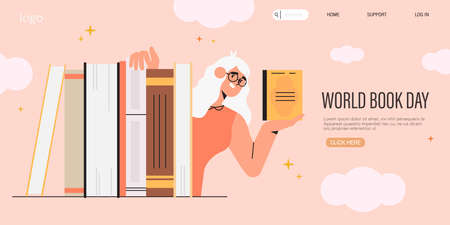 Smart woman or teacher in glasses hold a book and hide behind a pile of books. World book reading or literacy day banner, web page, social media post. Book market or fair concept. Online reading.のイラスト素材