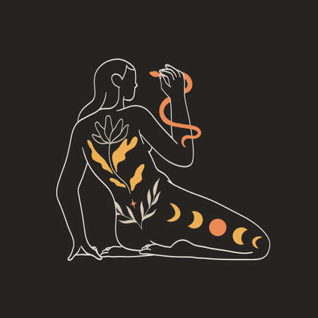 Woman with ornament on her back hold serpent in her hand isolated on black background. Concept of spirituality, magic for , emblem, print design. Celestial bodies, human mind and soul art.のイラスト素材