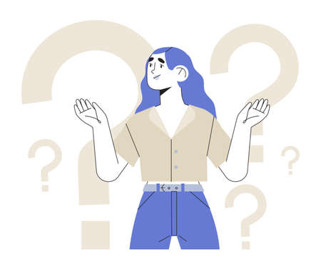 Thoughtful character with question marks solving problems or searching solutions. Problem solving and choice. Woman puzzled and do not know right answer. Frequently asked questions concept.のイラスト素材