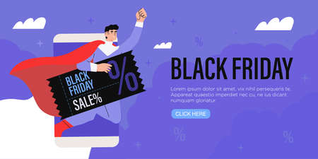 Black Friday landing page template. Seasonal discount website layout with male character flying with discount voucher. Black friday sale banner, flyer, advertisement with superhero holding coupon.のイラスト素材