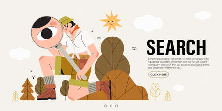 Woman naturalist or scientist looking through magnifying glass or loupe. Business metaphore for...