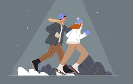 People enjoying ice skating at winter park in evening vector flat illustration. Man and woman during outdoors activity at rink. Romantic date of happy couple during winter holidays and christmas eve.のイラスト素材