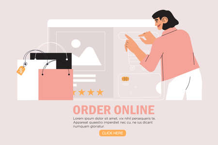 People shop online. Woman with shopping bags buy and pay online in a store through mobile application with her credit card. Concept of E-commerce and online shopping for banner, landing or web page.のイラスト素材