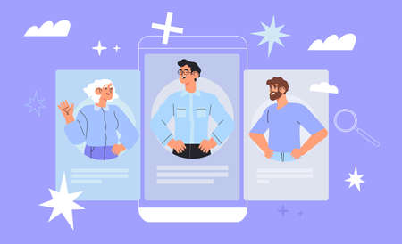 Concept of successful team management, leadership, teambuilding for ui, ux, web design, banner, presentation or application. People on smartphone screen talking, having conversation, online meeting.のイラスト素材
