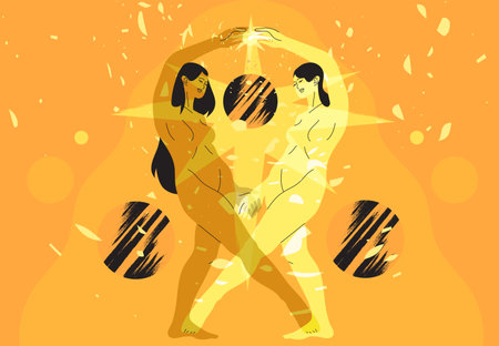 Vector illustration of two beautiful women celectial goddess holding burning sun or star. Concept of women beauty, strength, universe, bodypositivity and empowerment. Cosmic origin poster, card.のイラスト素材