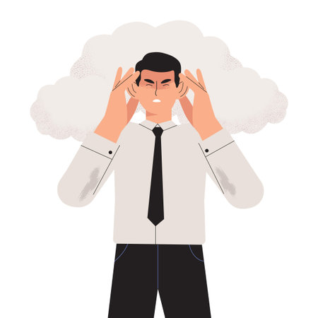 Office worker, employee or employer has terrible cluster headache or migraines symptoms. Tired and sick businessman holding his head with his hands and cant work because of severe pain in his head.のイラスト素材